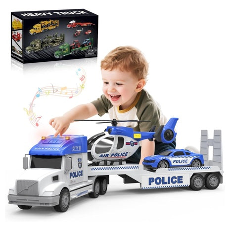 Large Police Semi Truck Transporter Set with Race Car & Helicopter