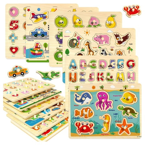 6 Wooden Peg Puzzles for Toddlers