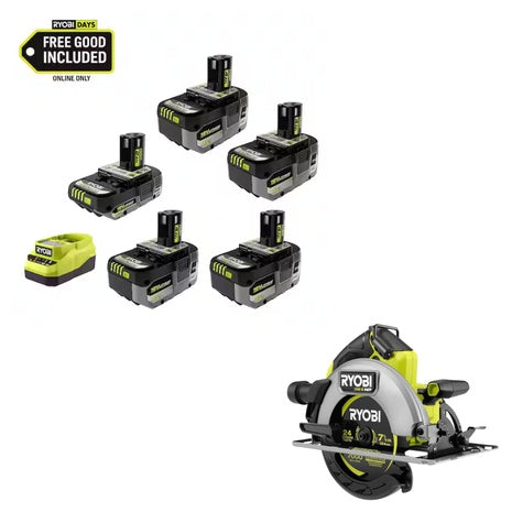 RYOBI ONE+ 18V HP Batteries: 4x 4.0Ah + 1x 2.0Ah + Charger + Free ONE+ Brushless Circular Saw