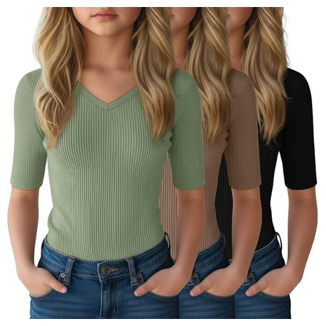 3-Pack Girls V Neck Cute Fitted T Shirts (Various)