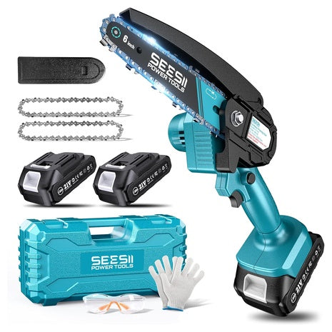 6" Seesii Mini Cordless Electric Hand Chainsaw W/ 2-Batteries & Accessories