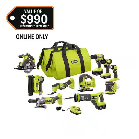 RYOBI ONE+ 18V 10-Tool Cordless Combo Kit with Batteries & Charger
