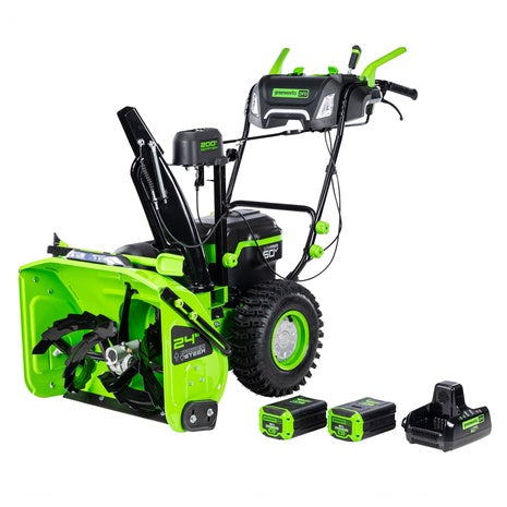 Greenworks 60V 24″ Cordless Brushless Two-Stage Snow Blower (2×8.0Ah Batteries + Dual-Port Charger)