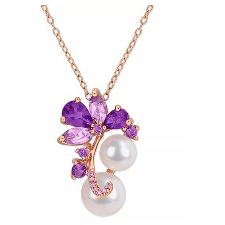 Pink Cultured Freshwater Pearl Cluster Pendant Necklace `