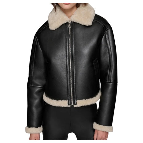 Cropped Faux Leather Jacket w/ Faux Shearling