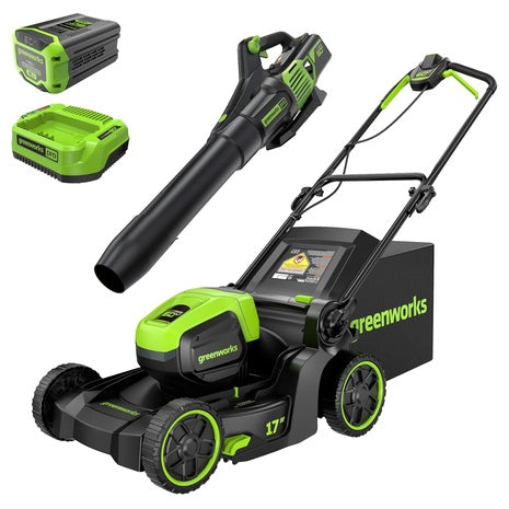 Greenworks 60V 17" Brushless Mower + 60V Blower, 4.0Ah Battery & 3A Charger