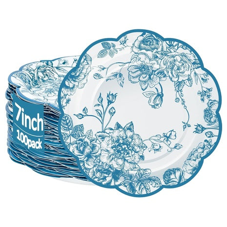 100 Disposable Blue Floral Paper Plates