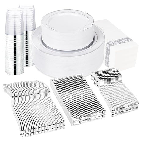 400 Piece Silver Plastic Dinnerware Set