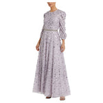 Floral Beaded Mesh Puff A Line Gown