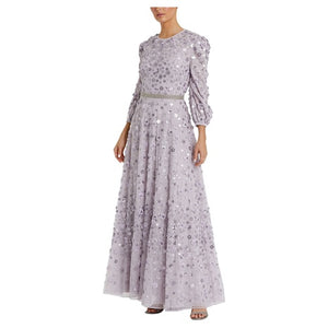 Floral Beaded Mesh Puff A Line Gown