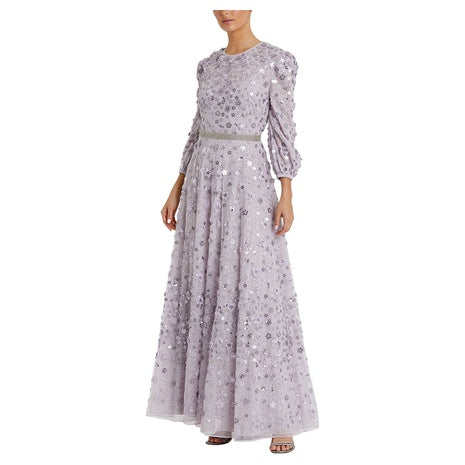 Floral Beaded Mesh Puff A Line Gown