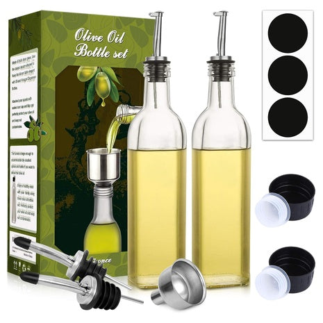 2 Glass Olive Oil Dispenser Bottles with Pourers, Funnel & Labels