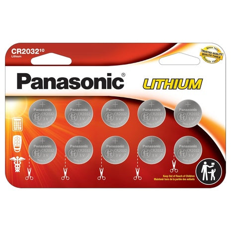10-Pack Panasonic CR2032 3V Long Lasting Lithium Coin Cell Batteries