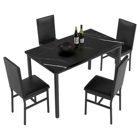 5 Piece Dining Table Set, Modern Faux Marble Tabletop and 4 PU Leather Upholstered Chairs