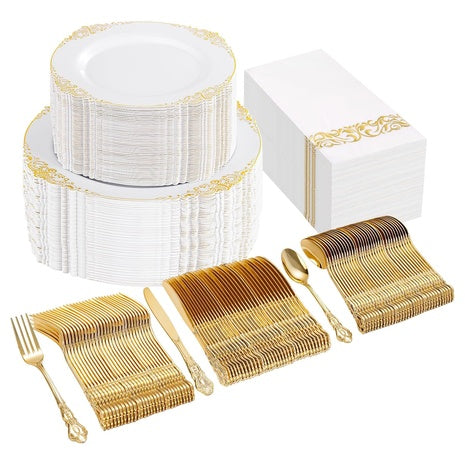 300 Piece White & Gold Disposable Dinnerware Set