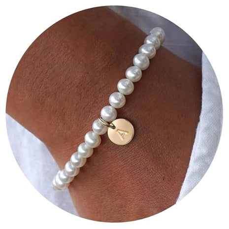 14K Gold Plated Pearl Initial Bracelets