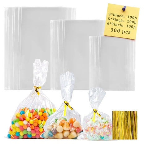 300 Clear Cellophane Bags with Ties (4x6, 5x7, 6x9)
