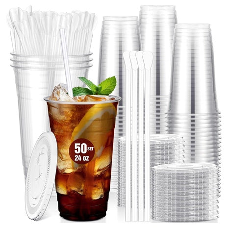 50-Pack 24oz Disposable Plastic Cups with Lids & Straws