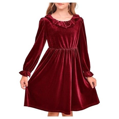 Girls Long Sleeve Velvet Dress (5-14 Years)