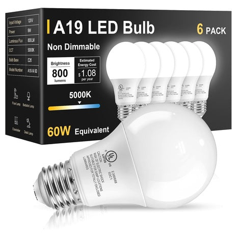 6-Pack 60 Watt Equivalent 5000K A19 LED Light Bulbs