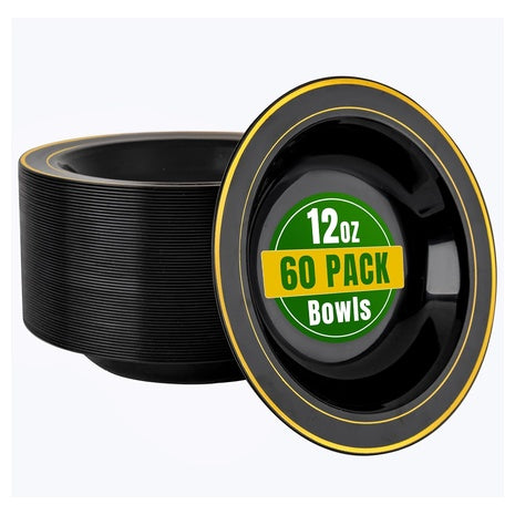 60 Black Plastic Bowls with Gold Rim