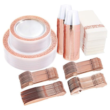 350 Piece Clear Rose Gold Disposable Dinnerware Set