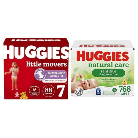 Size 7 Huggies Little Movers, 88 Diapers + 768 Wipes