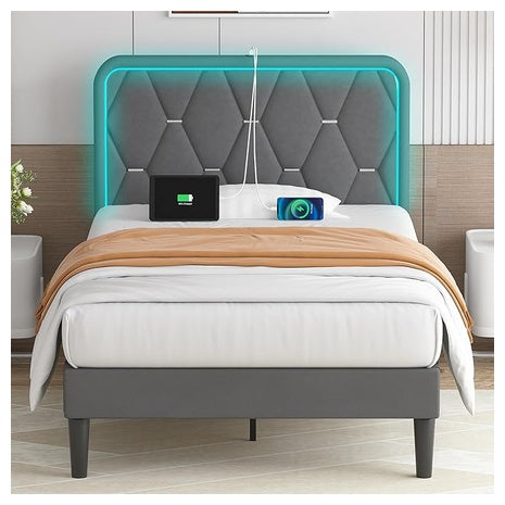 Twin Bed Frame with LED and Charging Station