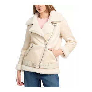 Guess Women's Faux-Shearling Asymmetric Moto Coat