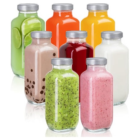 8 Pack Glass Juice Bottles with Lids (16oz)