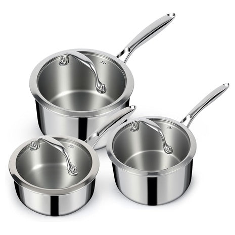 3-Pack 3-Ply Stainless Steel Sauce Pan Set With Lids