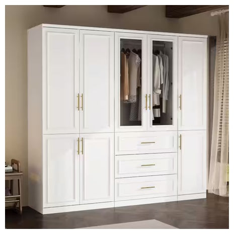 3-Combination White Wood 79.1"W 8-Door Big Armoires
