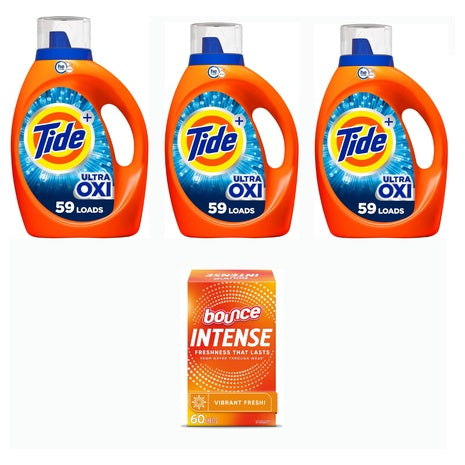 3 Tide Ultra Oxi Boost Liquid Laundry Detergents + Bounce Intense Dryer Sheets Box