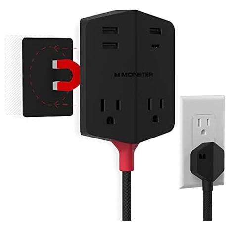 Monster Power Shield Magnetic Wall Outlet Extender w/ 2 AC Outlets & USB