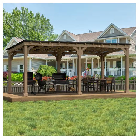 20 Ft X 10 Ft Outdoor Cedar Wood Gazebo With Hard Top Steel Roof