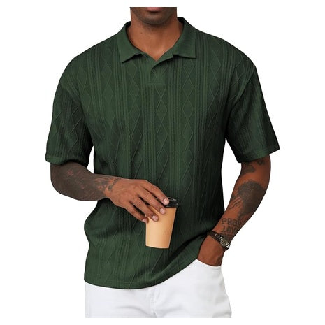 Men's Textured Knit Button Casual Short Sleeve Polo Shirt