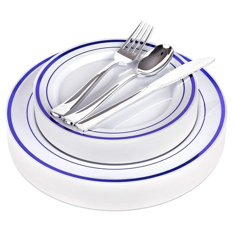125-Piece White & Blue Disposable Dinnerware Set