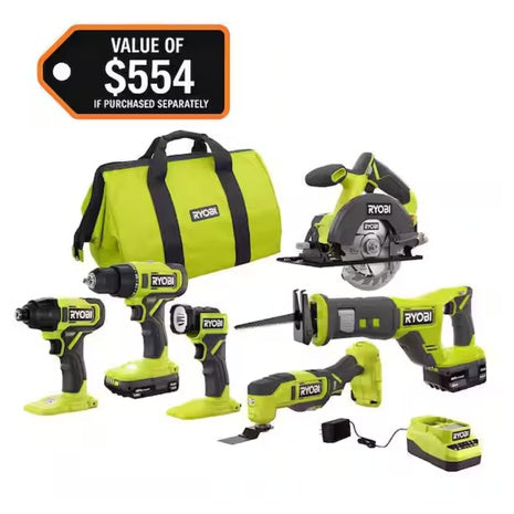 6-Tool Ryobi ONE+ 18V Cordless Combo W/ 1.5Ah + 4.0Ah Batteries & Charger