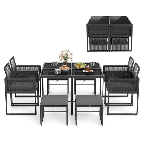 9 Piece Dining Set with Rattan Chairs, Tempered Glass Table, and Ottomans
