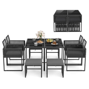 9 Piece Dining Set with Rattan Chairs, Tempered Glass Table, and Ottomans