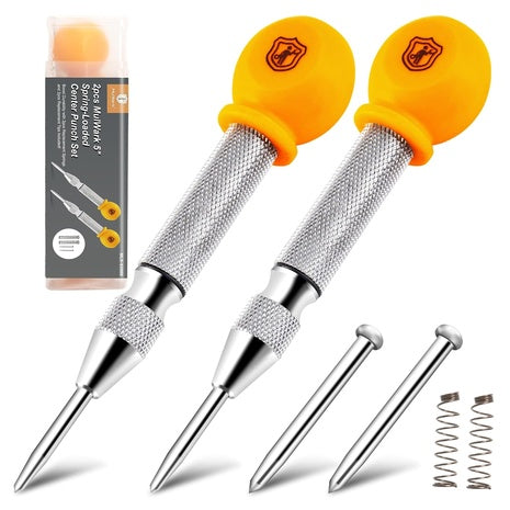 2-Pack 5" Automatic Center Punch Set W/ Replacement Tips, Springs & Case
