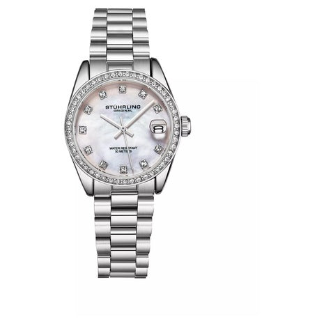 Stuhrling Lineage Women's Quartz Stainless Steel Mother Of Pearl Dial Crystal Bezel Watch