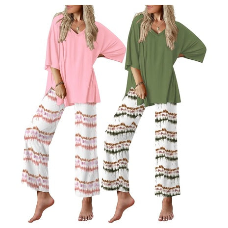 2-Pack Ekouaer Women's Lounge Sets With V Neck Short Sleeve Tops & Long Pajamas