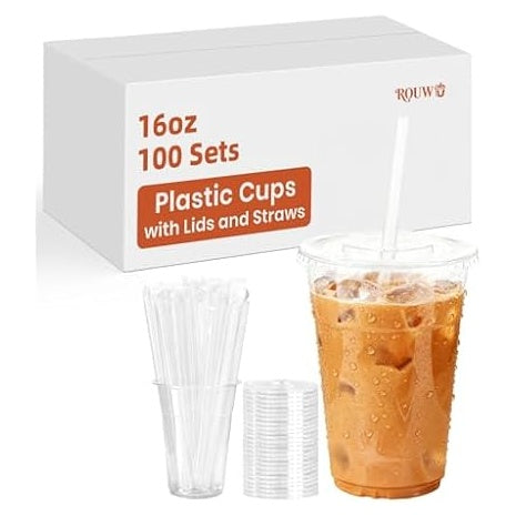 100 Clear Plastic Cups with Lids & Straws (16/20/24 oz)