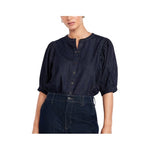 Women's Puff-Sleeve Button-Down Cropped Denim Shirt