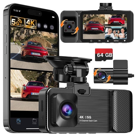 WECOOL 4K UHD 3 Channel Front & Rear Inside Dash Cam