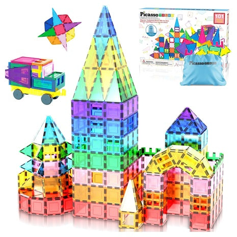 PicassoTiles 101 PCs Magnetic Tiles Building Blocks with Car