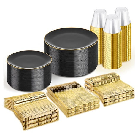 300-Piece Black & Gold Disposable Dinnerware Set