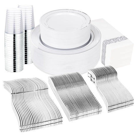 400 Piece Silver Plastic Dinnerware Set