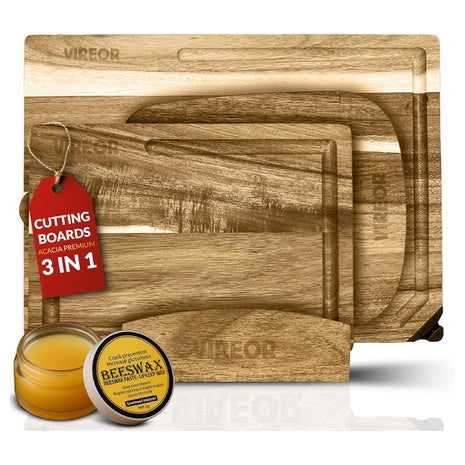 Set Of 3 Acacia Wood Cutting Board Set With Stand
